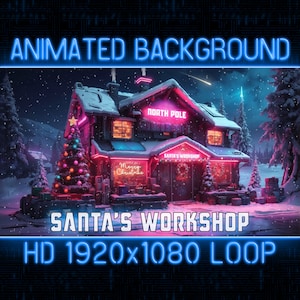 Puede incluir: Un fondo animado digital que presenta una escena navideña nevada con una casa iluminada con las palabras "Polo Norte" y "Taller de Santa" en la fachada. La casa está decorada con luces navideñas y un gran árbol de Navidad. El fondo es un cielo azul oscuro con nieve cayendo.