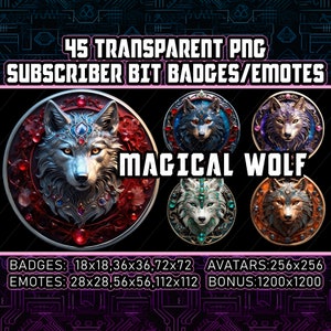 Badges magiques Wolf Twitch Kick Sub et Bit pour streamers, VTubers, amoureux des animaux | 45 PNG transparents, emotes, avatars, logo, clipart - AI Art
