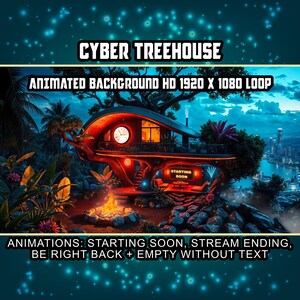 May include: A futuristic treehouse with glowing lights and a clock on the side. The treehouse is set against a backdrop of a city skyline and a starry night sky. The text "STARTING SOON" is displayed on a sign in front of the treehouse.