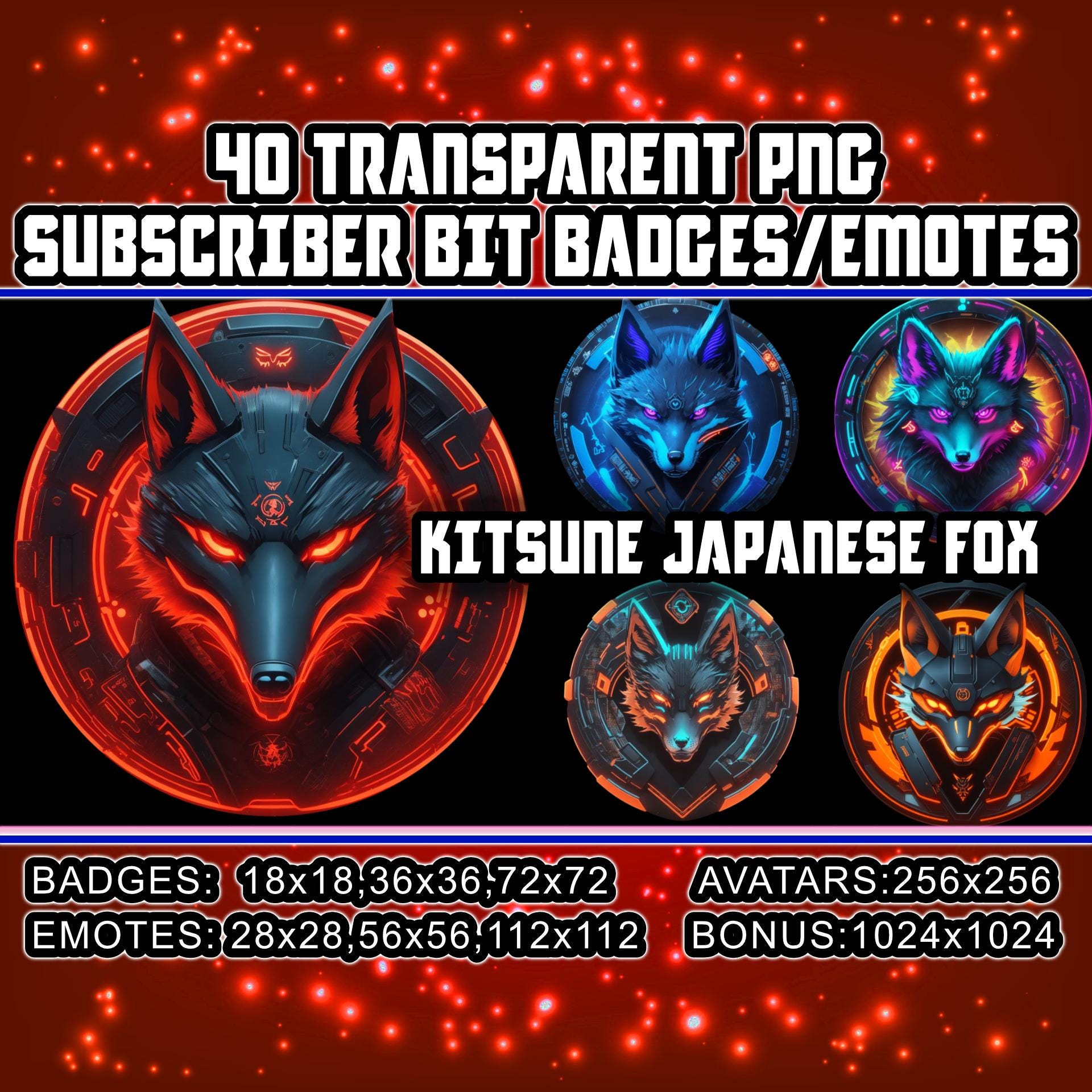 Cyberpunk Kitsune Twitch Kick Sub and Bit Badges for Streamers, Japanese Fox, Neon Design | 40 Japan Transparent PNG,Emotes,Avatars,Logo