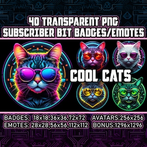 Puede incluir: 40 insignias y emoticonos de bits de suscriptor PNG transparentes con gatos geniales que llevan gafas de sol en colores neón. Las insignias y los emoticonos están disponibles en varios tamaños: 18x18, 36x36, 72x72, 28x28, 56x56, 112x112, 256x256 y 1296x1296.
