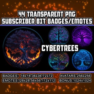 Könnte beinhalten: 44 transparente PNG-Abonnenten-Bit-Badges und -Emojis mit leuchtenden Neonbäumen auf schwarzem Hintergrund. Der Text "CYBERTREES" befindet sich in der Mitte des Bildes. Die Badges sind in den Größen 18x18, 36x36, 72x72, 28x28, 56x56, 112x112, 256x256 und 1024x1024 verfügbar.