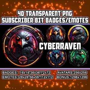 Puede incluir: 40 insignias y emoticonos de bits de suscriptor PNG transparentes con un diseño de cuervo cibernético en varias combinaciones de colores. Las insignias están disponibles en los tamaños 18x18, 36x36, 72x72 píxeles. Los emoticonos están disponibles en los tamaños 28x28, 56x56, 112x112 píxeles. También hay una imagen de avatar de bonificación disponible en 1296x1296 píxeles.