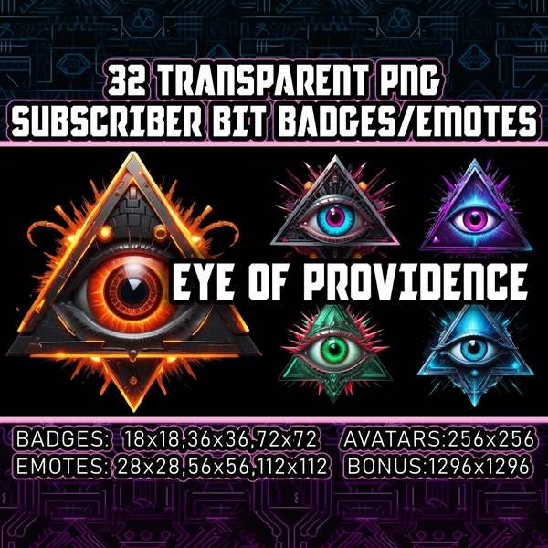 Cyberpunk Eye of Providence Twitch Sub Bit Badges for Streamers,VTubers,32 All-Seeing Eye Transparent PNG,Avatars,Emote,Clipart,Logos AI Art