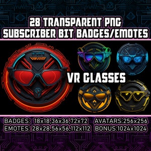 Op de afbeelding: 28 transparante PNG-abonnementsbitbadges en -emojis met een VR-brilontwerp. De badges en emojis zijn verkrijgbaar in verschillende maten, waaronder 18x18, 36x36, 72x72, 28x28, 56x56, 112x112, 256x256 en 1024x1024 pixels.