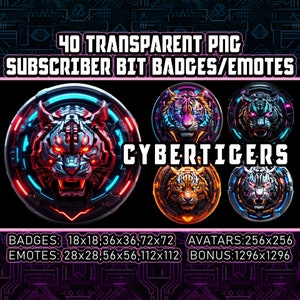 Tiger Twitch/Kick Sub/Bit Badges for Streamers,VTubers,Animal Lovers 40 Cyberpunk Transparent PNG Emotes, Avatars, Logos, Cliparts| AI-Art