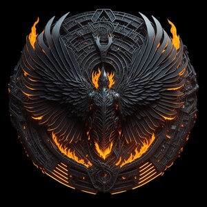 Peut inclure: Un motif circulaire noir et orange avec un oiseau stylis&eacute; aux ailes d&eacute;ploy&eacute;es. L'oiseau est entour&eacute; d'un motif circulaire de flammes et d'un design g&eacute;om&eacute;trique.