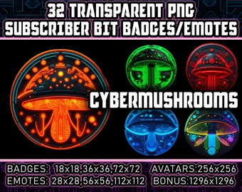 Cyberpunk Pilz Twitch Sub und Bit Badges für Streamer, Neon Design 32 Transparente PNG Pilz Clipart,Emotes,Avatare,Logos AI-Art