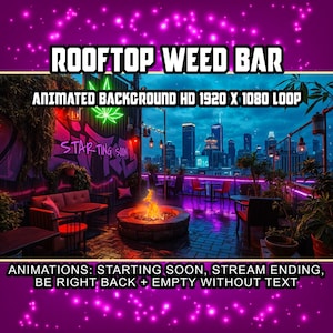 Fondo de pantalla animado virtual de barra de azotea con marihuana ciberpunk, transmisión en Twitch de Vtuber, fondo de pantalla en bucle con hojas de marihuana en HD, cafetería y salón