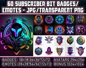 60 Cyberpunk Twitch Sub Badges and Bit Badges for Streamers,VTubers, Dark, White, Transparent Background PNG,Emotes,Clipart,Logos - AI Art