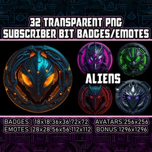 Könnte beinhalten: 32 transparente PNG-Abonnenten-Bit-Badges und Emojis mit Alien-Motiven in verschiedenen Größen. Die Badges und Emojis sind in Blautönen, Grün, Lila und Schwarz mit leuchtend orangefarbenen und roten Akzenten gehalten. Der Text "ALIENS" wird in weißen Buchstaben auf schwarzem Hintergrund angezeigt.