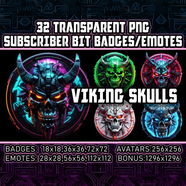 32 Viking Skulls Cyberpunk Twitch Sub Bit Badges for Streamers,VTubers, Viking Norse, Transparent PNG,Emotes,Cliparts,Avatars,Logos, AI Art