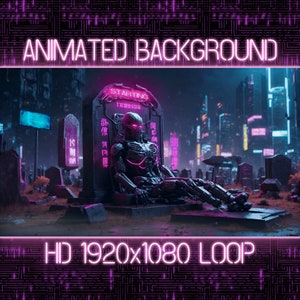 Könnte beinhalten: Ein animierter Hintergrund in Neonrosa mit einer futuristischen Skyline. Ein Roboter sitzt auf einem Grabstein mit den Worten "Starting" und "Timeless" in Neonrosa. Der Hintergrund ist ein Friedhof mit einem dunkelblauen Himmel.