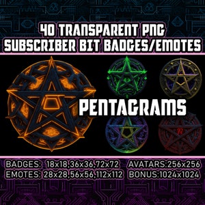 May include: 40 transparent PNG subscriber bit badges and emotes featuring pentagrams in various colours, including orange, green, purple, and red. The badges are available in sizes ranging from 18x18 pixels to 1024x1024 pixels.