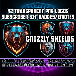 May include: 42 transparent PNG logos of a grizzly bear head inside a shield with a glowing orange and blue effect. The text "GRIZZLY SHIELDS" is in the centre of the image. The text below the image reads "BADGES: 18x18, 36x36, 72x72 AVATARS: 256x256 EMOTES: 28x28, 56x56, 112x112 BONUS: 1296x1296".