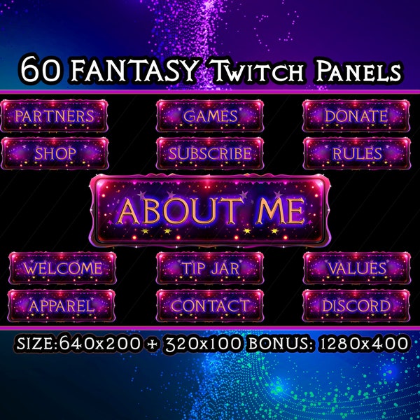 60 Fantasy Twitch Panels, Transparent PNG, 3 sizes (320x100,640x200 and 1280x400), Universe Style  Stream Buttons, Mystical Streaming Assets