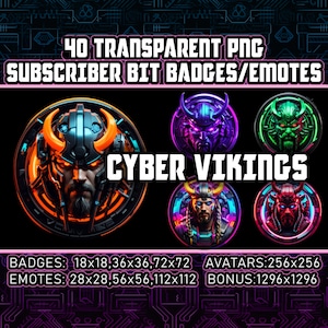 Peut inclure: Graphique d'art numérique avec des badges et emotes "Cyber Vikings" pour abonnés. L'image présente des designs de têtes de Vikings aux couleurs vives comme l'orange, le violet et le vert. Le texte indique les tailles des badges et des emotes, ainsi que les tailles des avatars bonus.