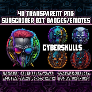 40 Cyberpunk Skulls Twitch Sub Badges Bit Badges for Streamers Vtubers, human skull avatar,emote,clipart,logo transparent PNGs - AI Art