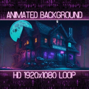 May include: A neon sign with the text "ANIMATED BACKGROUND" above a digital illustration of a spooky house with a blue moon and pumpkins. The sign also says "HD 1920x1080 LOOP" and "STARTING SOON".