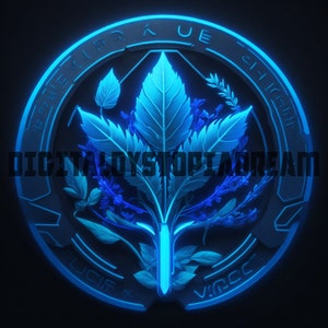 May include: A blue and black circular design with the text "Digital Dystopia Dream" and "Lucifer * Vice" in a circle around a stylized plant with blue leaves and flowers.
