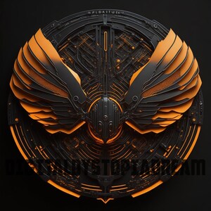 Peut inclure: Un design circulaire noir et orange avec un motif g&eacute;om&eacute;trique et deux ailes. Le texte "DIGITAL DYSTOPIA DREAM" est en bas du design.