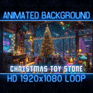 May include: Animated background of a Christmas toy store with a decorated Christmas tree, presents, and a sign that says "Merry Christmas".