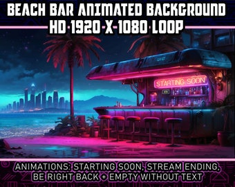 Cyberpunk Beach Bar Animated Virtual Background Vtuber Twitch Streaming Moving Wallpaper Loop, Cozy Summer Neon Relaxing Hangout - AI-Art