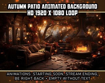 Accogliente giardino autunnale Sfondo virtuale animato Vtuber Twitch Streaming Moving Wallpaper Loop Gatto con caminetto in un caldo patio romantico