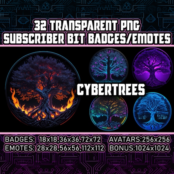 Cyberpunk Trees Twitch Sub and Bit Badges for Streamers, VTubers 32 Tree of life Transparent PNGs,Avatars,Emotes,Logos - AI Art
