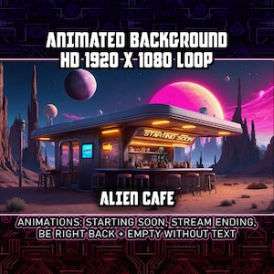 May include: A futuristic alien cafe with a neon sign that says "Starting Soon". The cafe is located on a desert planet with a pink and purple sky. The cafe has a bar with stools and a sign that says "Alien Cafe".