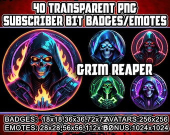 May include: 40 transparent PNG subscriber bit badges and emotes featuring a grim reaper with neon green, blue, purple, and red accents. The text "GRIM REAPER" is in the center of the image. The image also includes the text "BADGES: 18x18, 36x36, 72x72 AVATARS: 256x256 EMOTES: 28x28, 56x56, 112x1 BONUS: 1024x1024".