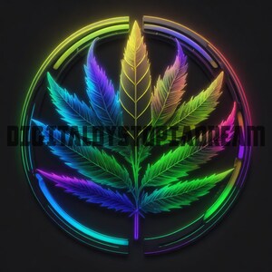 May include: A colorful, rainbow-hued marijuana leaf design inside a neon circle. The design is reminiscent of a psychedelic, trippy, or stoner aesthetic.