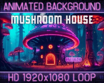 Maison champignon cyberpunk dans les bois - Animation en boucle d'arrière-plan en streaming VTuber Twitch : écran de démarrage, écran de fin, fond d'écran HD - Art IA