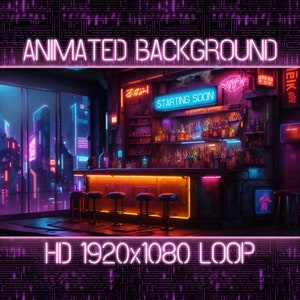 Cyberpunk Lounge Bar Animerad Virtuell Bakgrund Vtuber Twitch Streaming Rörlig Bakgrundsloop, Mysig Megacity Neon Avkopplande Tillhåll - AI-Art