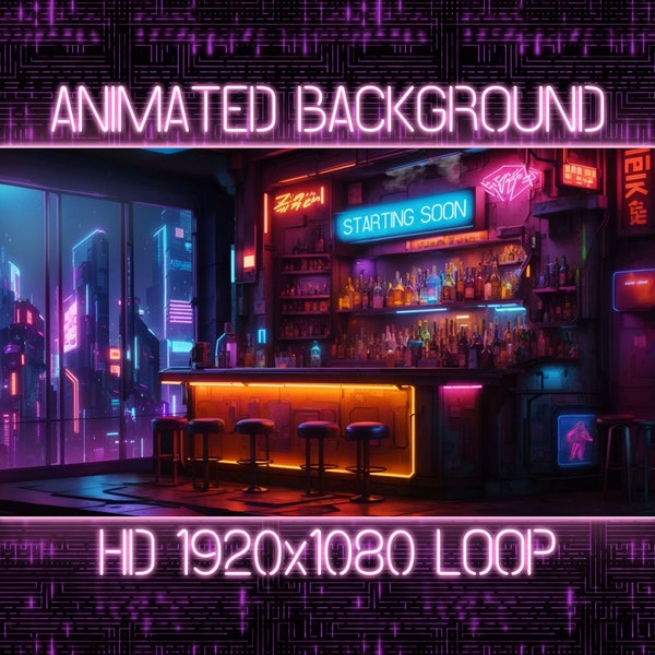 Cyberpunk Lounge Bar Animated Virtual Background Vtuber Twitch Streaming Moving Wallpaper Loop, Cozy Megacity Neon Relaxing Hangout - AI-Art