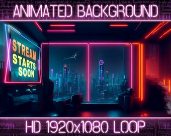 Pode incluir: Fundo animado com uma placa de néon que diz "STREAM STARTS SOON" e uma vista de um horizonte urbano futurista através de uma janela. O fundo está em HD 1920x1080 e é um loop.