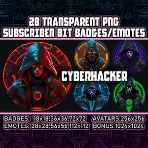 Cyberpunk Hacker Twitch Sub Badges und Bit Badges für Streamer, VTubers 28 transparente PNG-Avatare, Clipart, Emotes Logos - AI Art