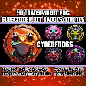 Puede incluir: 40 insignias y emoticonos de bits de suscriptor PNG transparentes que presentan una rana de dibujos animados con un diseño futurista. El texto "CYBERFROGS" se muestra en el centro de la imagen. Las insignias están disponibles en varios tamaños: 18x18, 36x36, 72x72, 28x28, 56x56, 112x112, 256x256 y 1296x1296 píxeles.