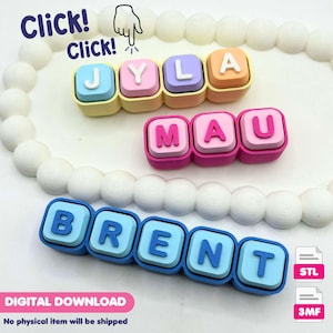 以下が含まれることがあります： 「JYLA」、「MAU」、および「BRENT」と綴られたカラフルな名前ブロック。各ブロックは異なる配色で、文字は対照的な色です。これらの単語は、装飾的なボーダーが付いた白い背景に配置されています。「Click!」と「Digital Download」の文字も表示されています。