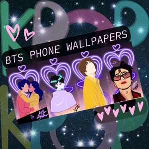 20 lindos fondos de pantalla de anime BTS KPOP para teléfono, personajes de dibujos animados asiáticos japoneses de Corea del Sur, pantalla de bloqueo de amantes de corazones de neón morados de cielo nocturno