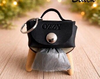 Personalized Leather Dog Poop Bag Holder - Black Waste Bag