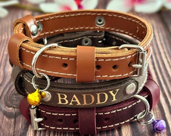 Personalized Leather Cat Collar with Bell & Name Plate