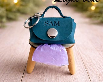 Personalized Leather Dog Poop Bag Holder - Light blue Waste Bag