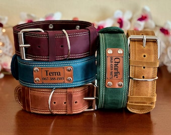 2 inches Personalized Leather Dog Collar, Engraved Thick Leather Dog Collar width two inches, Custom Dog Collar with Name Plate