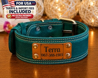 Engraved Thick Leather Dog Collar, Custom Name Plate, Wide Collar