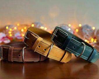 Personalized Leather Dog Collar, Engraved Name Plate, Thick Leather