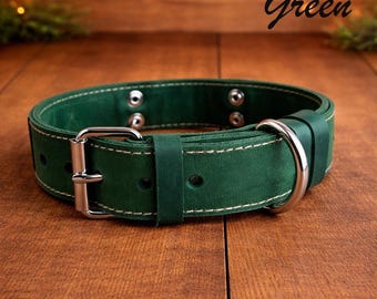 Custom Engraved Green Leather Dog Collar, Personalized Name Plate Pet Accessory