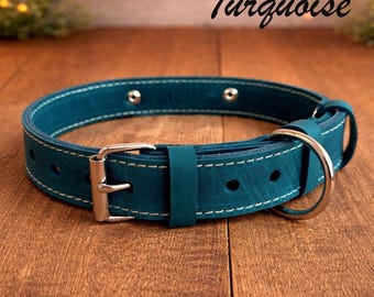 Custom Leather Dog Collar, Engraved Name Plate, Double Layer, Silver Hardware