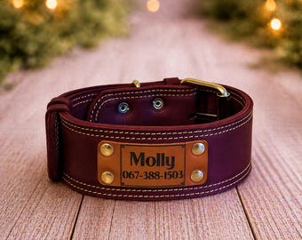 Collar de cuero personalizado para perro, extragrande, ancho y resistente, con placa de identificación.