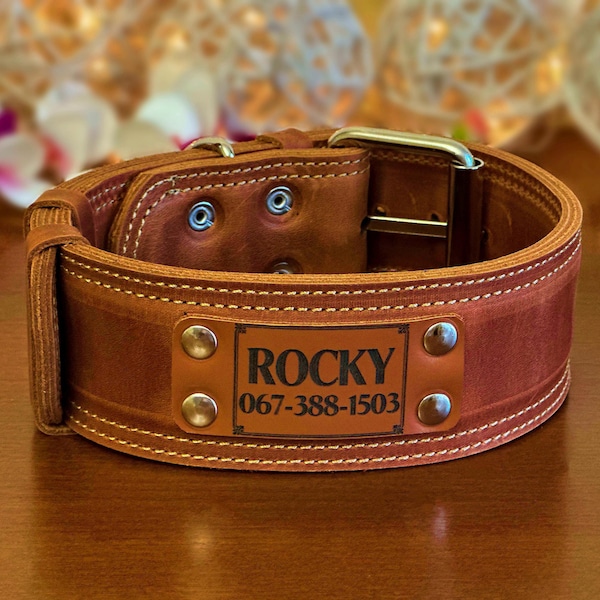 Heavy-duty leren hondenhalsband, gepersonaliseerde, gegraveerde pasvorm op maat
